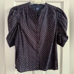 GAP Women's Navy & Copper Metallic Puff Sleeve, Button Down Blouse, Size XL.